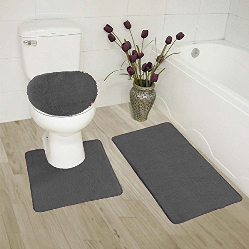 MK Home Collection 3 Piece Bathroom Rug Set Bath Rug, Contour Mat & Lid Cover Non-Slip with Rubber Backing Solid New (Charcoal/Dark Grey)