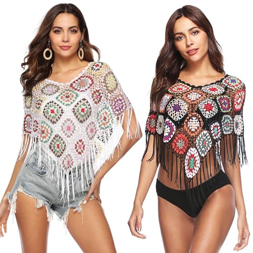 Handmade Crochet Poncho Shawl, Colorful Granny Square Pattern with Fringe, Boho Style,Crochet triangle scarf,2