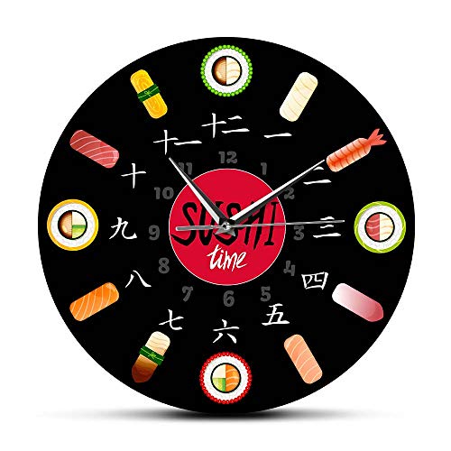 The Geeky Days Sushi Time Silent Quartz Wall Clock Minimalist Kitchen Decorative Japanese Food Wall Art Non Ticking Clock Watch for Sushiya Restaurant
