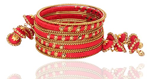 Image of NMII Metal & Silk Thread Jhumka Zircon Latkan Stylish Bangles Set For Women's and Girls | Women's Fancy Latkan Bangles Set | Ethnic Fashion Jewellery- Set of 12 Bangle, (G405 Red-2.4)