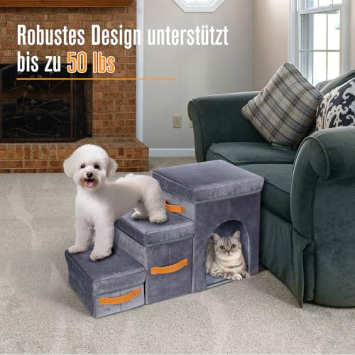 Hundetreppe für Kleine Hunde,Masthome Haustiertreppe 3 Stufen mit Aufbewahrungsbox,Hundetreppe aus Hochdichtem Schwamm,Hunde Treppe mit Waschbarem Bezug und Rutschfestem Boden,für Bett,Sofa,Couch