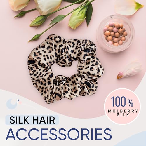 Image of Blissy Silk Scrunchies (3 Pack) - 100% Pure Mulberry Silk - 22 Momme 6A High-Grade Fibers Scrunchie for Straight & Curly Hair (Leopard, Regular)