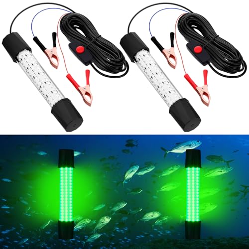 Aurelema 2 Pcs 12V 15W Underwater Submersible Fishing Light Adjustable Fishing Attracting Light LED Lure Bait Finder Lamp with 16.4ft Cord for Pool Boat Sea Crappie Squid Shad Shrimp(Green Glow)