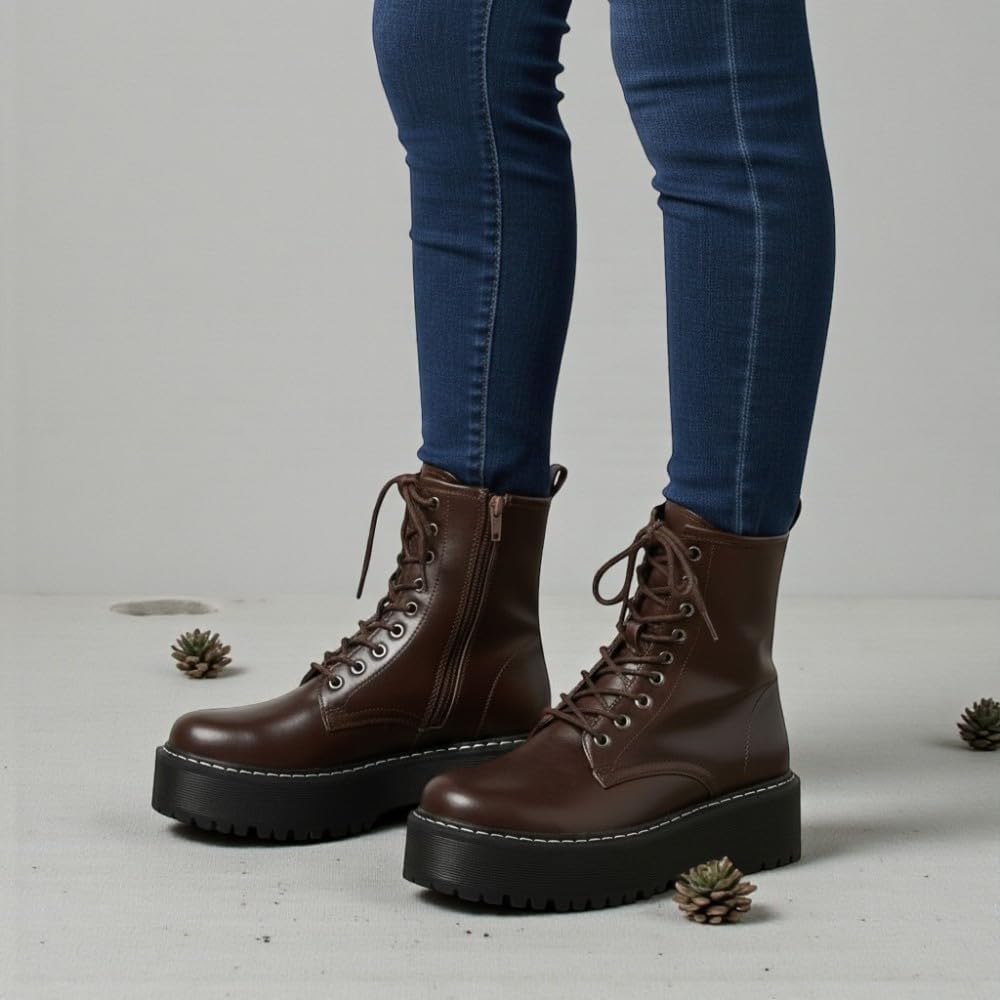 Forever Link Women Chunky Lug Sole Platform Lace up Fashion Combat Ankle Boot Side Zipper Short booties