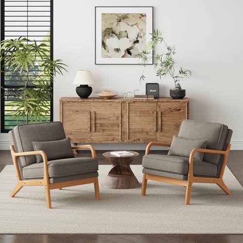 MALOL Mid-Century Accent Chair Set of 2 with Solid Wood Frame Reading Relaxing Armchair Lumbar Pillow& Soft Cushion Leisure Chair for Living Room Bedroom Waiting Room-Grey