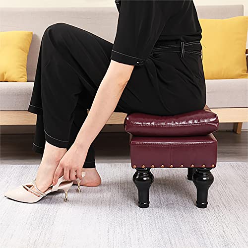 Repose-Pieds en Cuir Rouge Haute Qualité avec Assise Double Couche et Bois