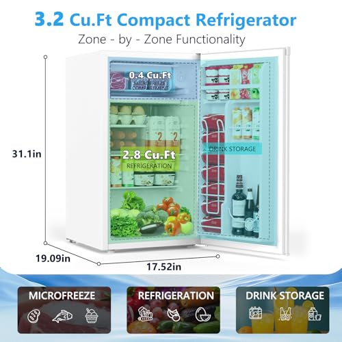 Image of COWSAR 3.2 Cu.Ft Dorm Fridge with Freezer, Single Reversible Door Compact Refrigerator, Adjustable Thermostat, 2 Removable Shelves, Commercial Drink Fridge for Bedroom, Office, Kitchen, Dorm, White