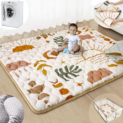 Image of Beavtaens Baby Play Mats for Floor, 71”x59” Upgraded Thickness & Larger Super Soft Playmat for Babies and Toddlers, Foldable Washable, Upgrade Anti-Slip Crawling Mat for Playpen(Boho Nature)