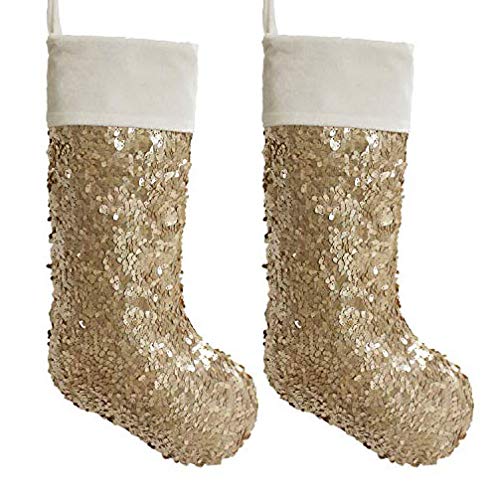 Gireshome Set of 2PCS Gold Sequin Blingbling Glitter with White Velvet Cuff Christmas Stocking Xmas Tree Decor Festival Party Ornament 10