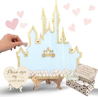 Personalized Wonderland Castle Wedding Guest Book Alternative, Customize Fairy Tale Castle Alternative Wedding Guest Book With Wooden Hearts For Wedding, Quinceañera, Birthday Celebration Decor