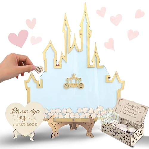 Personalized Wonderland Castle Wedding Guest Book Alternative, Customize Fairy Tale Castle Alternative Wedding Guest Book With Wooden Hearts For Wedding, Quinceañera, Birthday Celebration Decor
