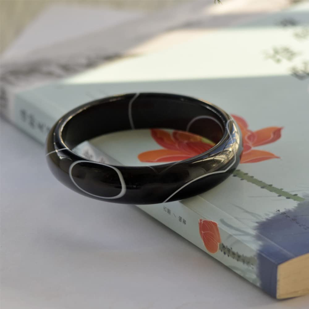 Brazalete de jade, brazalete de ágata con patrón negro, ancho mediano para mujer, trae buena suerte, para mujer, novia, amiga, con joyero, 56-62 mm, 58 mm