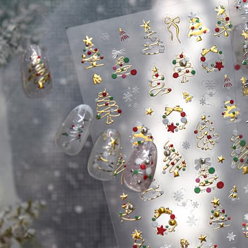 Image of Christmas Tree Nail Stickers Gold Nail Art Stickers Xmas Nail Decals with Pearl Design Snowflake Nails Art Decals 5D Embossed Self Adhesive Nails Charms for Women Girls Manicure Decoration Accessories