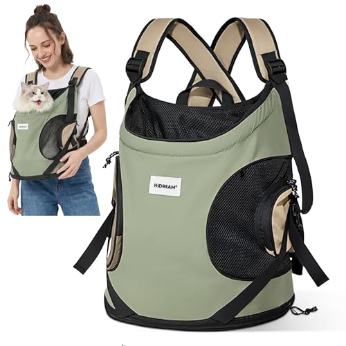 ALLSOPETS Zaino Cani Gatto, Zaino Trasportino Portatile per Animali Domestici Frontale, Zaino Ergonomico Traspirante con Cinghia di Sicurezza Integrata, Ideale per Viaggi in Moto (Verde Oliva)