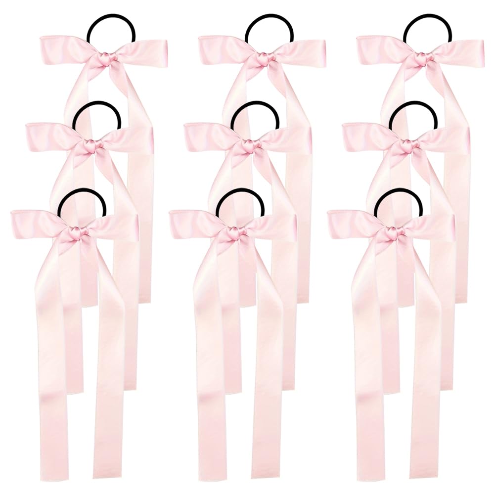 16 Pcs Ribbon Bow Hair Ties Long Tail Hair Bows Hair Elastics with Bows Bowknot Ponytail Holder Hair Bow Bands Ropes Cheerleader Hair Accessories for Women Girls Pink
