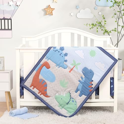 Image of Dinosaur Crib Bedding Set for Boys 4pcs,Baby Nursery Bedding Crib Set Including Quilt,Skirt,Sheet, Blanket.Blue Crib Sets