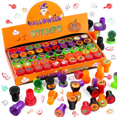 Halloween Stamps for Kids 50 Pcs Halloween Decorations Stamps Goodie Bag Fillers Party Toys Bulk for Treat Bags Party Favors for Kids Holiday Supplies Favors for Goody Bag Candy Bags Classroom Prize