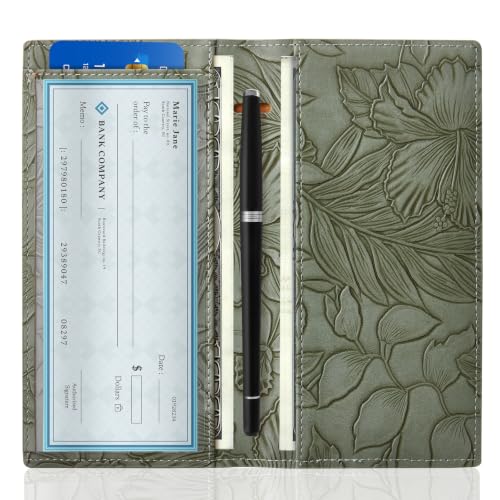Image of CoBak Premium Leather Checkbook Cover - RFID Blocking, Classic Design, Slim & Durable - Perfect for Personal & Business Checks,Green Embossed Narcissus
