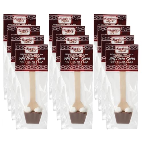 Chocolate Works Hot Chocolate Spoons – Milk Chocolate with Marshmallows – Stirring Spoons for Hot Cocoa – Individually Wrapped – Pack of 12