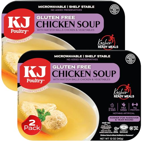 KJ Poultry Kosher for Passover Gluten Free Meals, Chicken Soup with Non Gebrokts Matzah Balls, Halal, (2 Pack) Prepared Entree Fully Cooked, Shelf Stable Microwave Dinner, Travel Military Camping