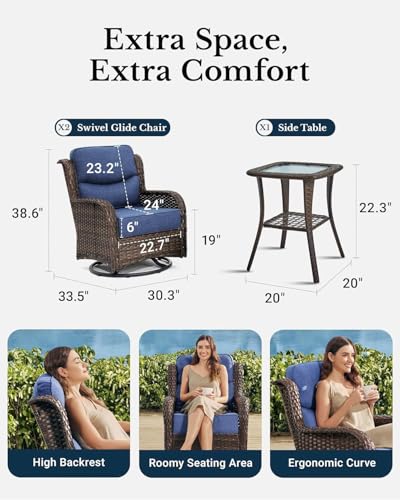 HILLGA Luxury Outdoor Swivel Rocker Patio Chairs of 2 with 6 Inch Thick Cushions and Side Table, Swivel Outdoor Chairs 3PCS High Back Wicker Patio Furniture Set for Porch, Balcony, Deck in Blue - Image 2