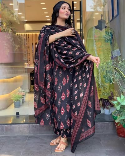 Image of Dress for Women | Anarkali Maxi Dresses | Three Piece | Embroidered Flared | Cotton Printed | with Pant and Dupatta | Long | Black