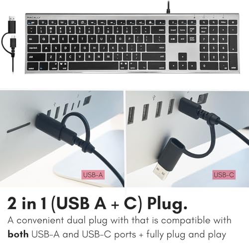 Macally USB C Keyboard (Upgraded) - Dual USB A + C Plug - Wired Keyboard for Mac - Ultra Slim, 20 Shortcuts, 110 Scissor Keys - for MacBook Pro/Air, Mac mini, iMac, iPad - Gray