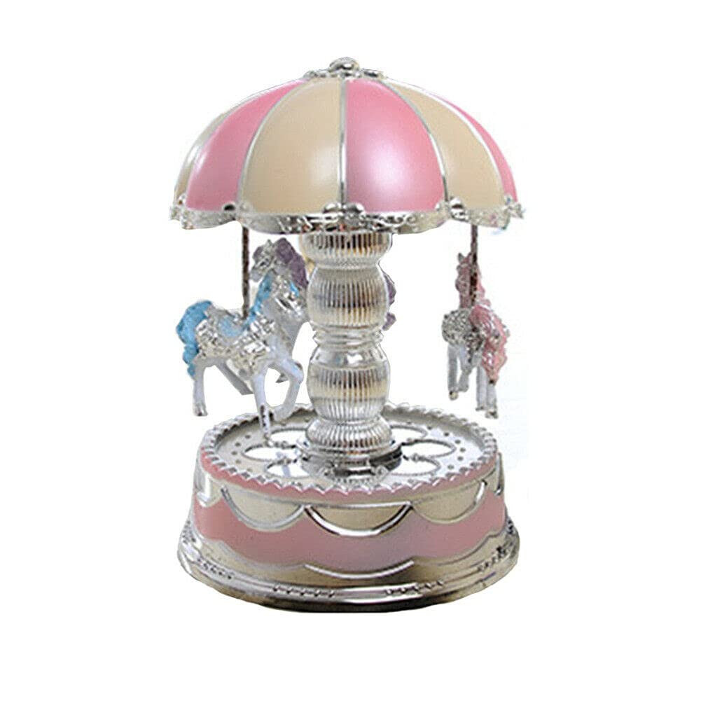 ausuky Luxury Carousel Music Box 3 Horses Rotate LED Light Luminous Rotation Girl Gift (Pink)