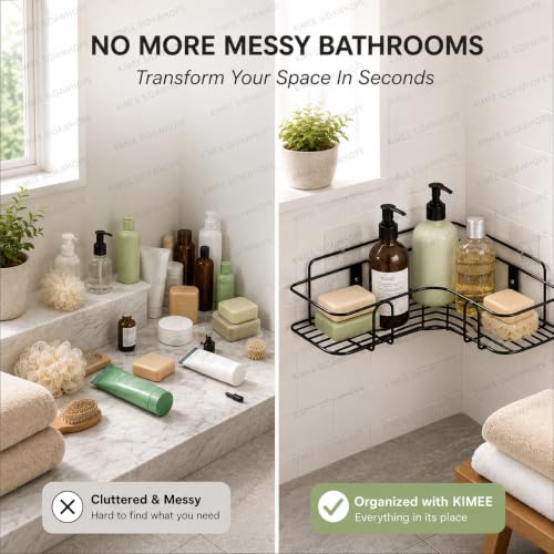 Image of Nieifi KIMEE Set of 2 Metal Bathroom Corner Shelf | Rustproof No-Drill Self Adhesive Wall Mounted Storage Rack for Bathroom and Kitchen | Heavy Duty Shower Caddy Organizer, 8 and 9 Inch, Black