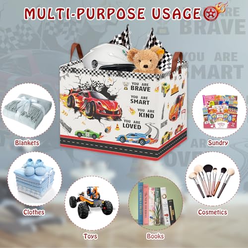 Image of Race Car Room Decor Basket,Waterproof Car Themed Storage Bins for Boys,Collapsible Kids Laundry Hamper with Parking Sign,Rectangular Tire Toy Box for Bedroom Bathroom, Boo Basket for Halloween