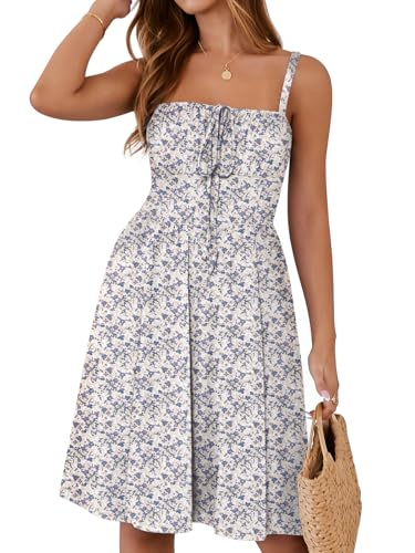 Image of YATHON Summer Mini Corset Sun Dress for Women Short Casual Square Neck Lace Up Floral Beach Vacation Dresses with Pockets