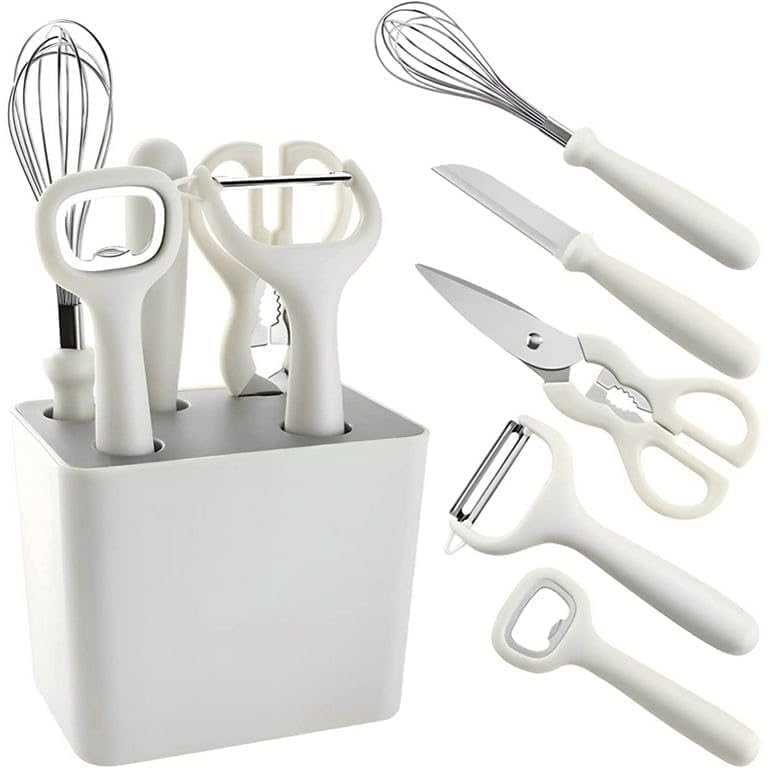 Image of JB'S LAND 6-Piece Kitchen Tool Set with Holder | Stainless Steel Knife, Peeler, Whisk, Scissors & Bottle Opener | Multipurpose Kitchen Gadgets Set | Anti-Slip Handle | Space Saving Organizer
