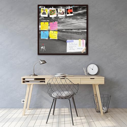 Image of ArtzFolio Sea, Air, & Land Monochrome Contrast | Bulletin Board Notice Pin Board | Vision Soft Board Combo with Thumb Push Pins & Sticky Notes | Dark Brown Frame | 16 x 16 inch (41 x 41 cms)