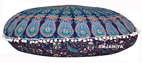 Anjaniya - 32" Peacock Mandala Bohemian Yoga Meditation Floor Pillow Cover Comfortable Home Car Bed Sofa Cushion Couch Seating Large Zipped Throw (Blue Green, 32" Round) #TOP1