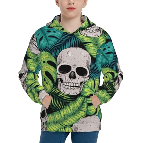 Skull and Palm Leaves Kid Hoodies Boys Sweatshirts Girls Pullover with Pocket