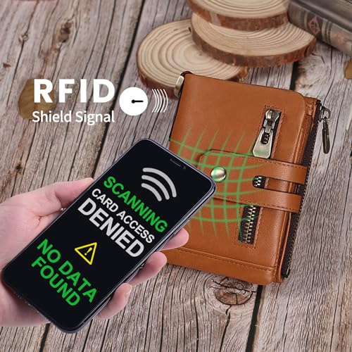 Cabailt Mens Wallet with Chain Genuine Leather Purse RFID Blocking Bifold Double Zipper Coin Pocket(Black)3