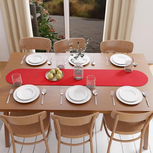 Image of Encasa XO Table Runner for 4 Seater | Handmade Ribbed Style Cotton | 30x137 cm | Red | for Dining & Center Table