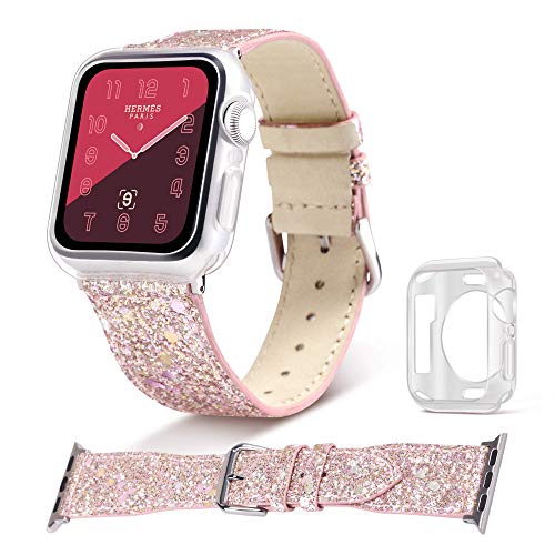 ULAK Leather Band Compatible with Apple Watch Band 38mm 40mm for Women Girls, Designed Glitter Replacement Strap Sparkly Wristband Compatible iWatch Series 5, Series 4, Series 3/2/1, Rose Gold