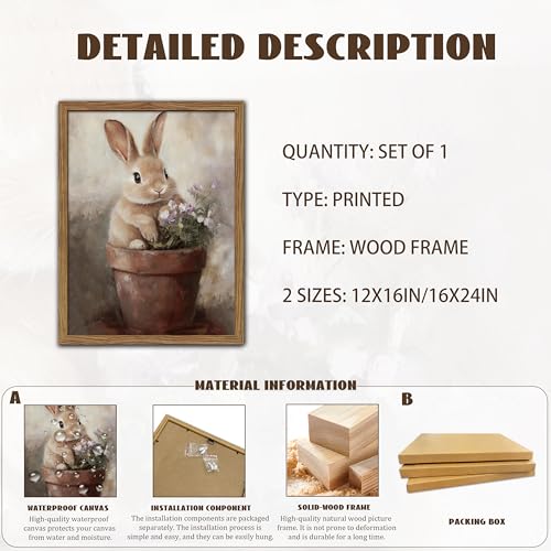 Image of Framed Vintage Easter Wall Art, Cute Rabbit in Flower Pot Picture Prints, Cottage Farmhouse Bunny Canvas Artwork, Holiday Wall Decor for Kids Room Girls Bedroom Living Room 12x16 inch