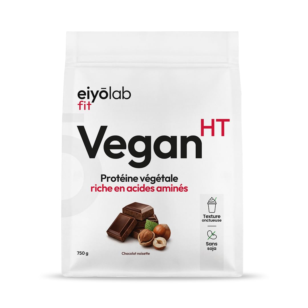 Vegan HT | 78% de protéines | 6 sources : Pois, Riz, Chanvre, Courge, Tournesol, Isolat Féverole | Sport & Musculation | BCAA | Sans soja | Texture Onctueuse Saveur Chocolat Noisette | 750g | Eiyolab