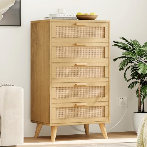 Rovaurx Modern 5 Drawer Dresser for Bedroom, 42.7' Tall Rattan Chest of Dressers with Charging Station, Dresser Chest with Wooden Handles, Beside Table for Closet, Living Room and Entryway, Natural