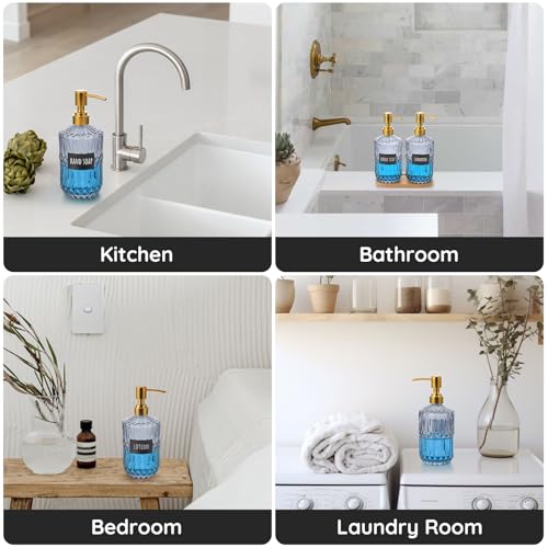 Image of Segbeauty 15.2oz Glass Soap Dispenser Bathroom Bottle, 2pcs Gray Shampoo and Conditioner Dispenser with Labels, 450ml Pump Bottle for Kitchen, Lotion Cream Container with Golden Stainless Steel Pump
