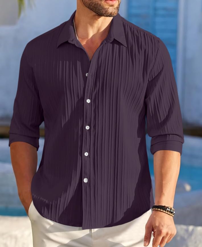 Image of FINIVO FASHION Men's Casual Cotton Polyester Blend Plain Button Down Shirt Long Sleeve Textured Summer Beach Shirt for Men
