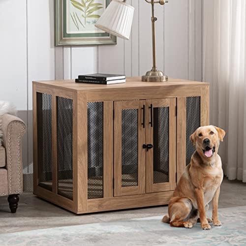 Pipleo Dog Crate Furniture with Tray and Cushion, Wooden