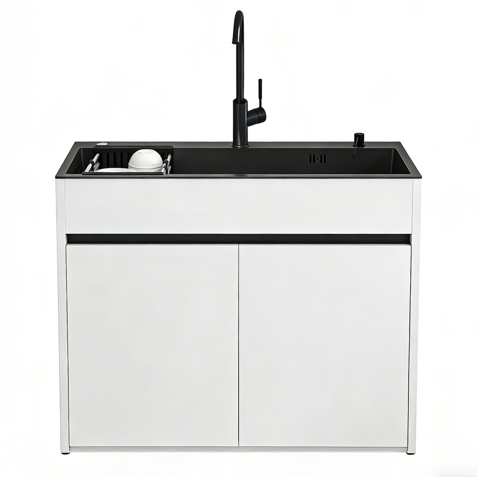 Meuble Évier avec Vasque en Acier Inoxydable Noir pour Buanderie et Garage, armoire de rangement en aluminium alvéolaire avec robinet, distributeur de savon et panier amovible, étanche et réglable