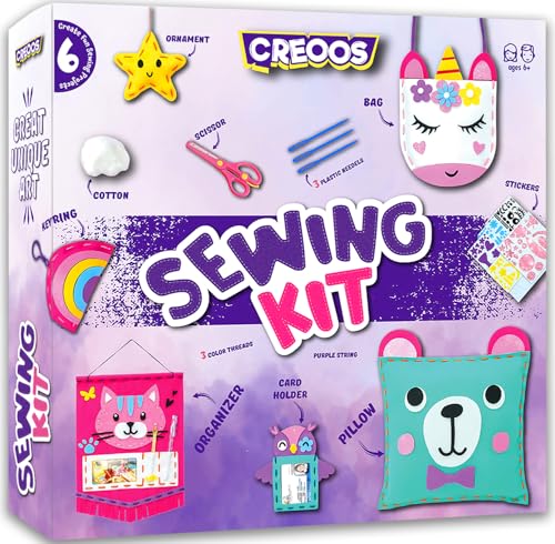 Creoos Sewing Kit for Kids Arts and Crafts for Kids Embroidery Kit 6 DIY Sewing Projects Stuffed Plush Craft Pillow Organizer Unicorn Toys for Girls Stickers Activities Art Set Supplies Birthday Gifts