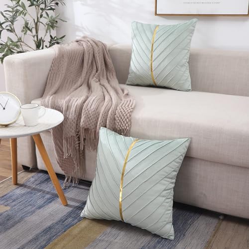 Image of Velvet Throw Pillow Covers 22x22 Pack of 2 Gold Decor Mint Green