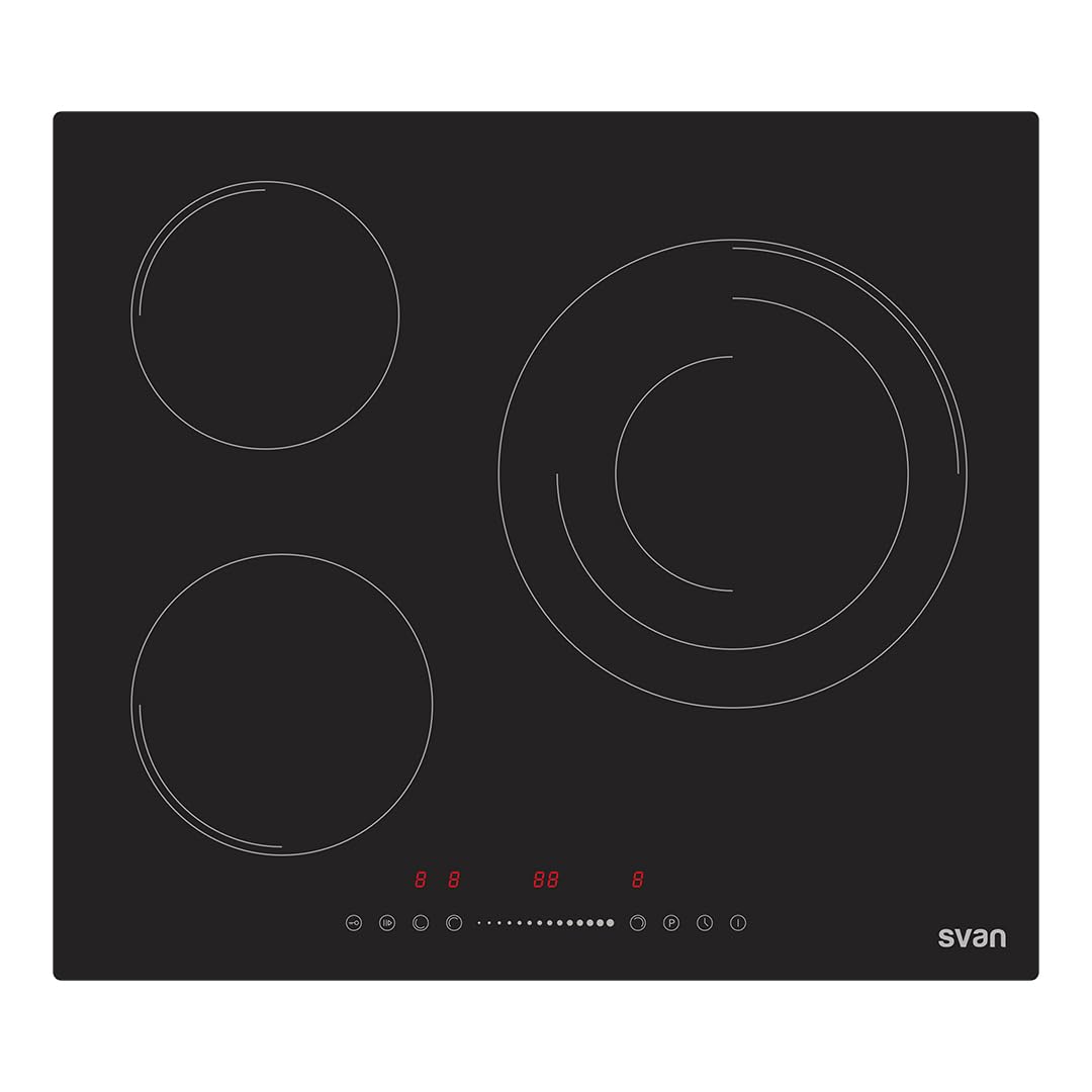 Svan Piastra a induzione in vetro nero, SI3603S, 3 zone di cottura, 6680 W, 9 livelli di cottura, controllo slider touch, booster, blocco pannello, timer