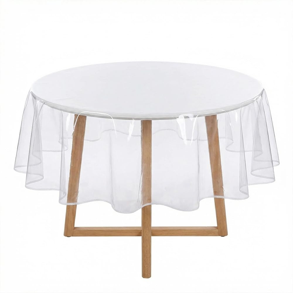 Clear Round Tablecloth 122cm (48 Inch), Wipe Clean PVC Table Cover with Stitched Edges, Heavy Duty Transparent Plastic Table Protector, Waterproof & Spillproof for Dining, Kitchen & Outdoor