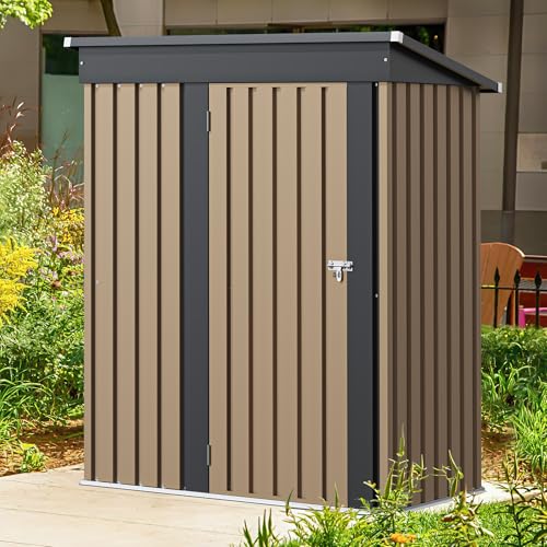 Image of GUNJI 5 x 3 FT Shed Outdoor Storage Shed Metal Garden Shed with Lockable Door Outside Waterproof Tool Shed for Backyard, Patio, Lawn (Brown)